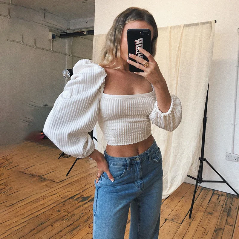 Puff Sleeve Corsett Style Crop Top Hooded Caped Shawl Collar