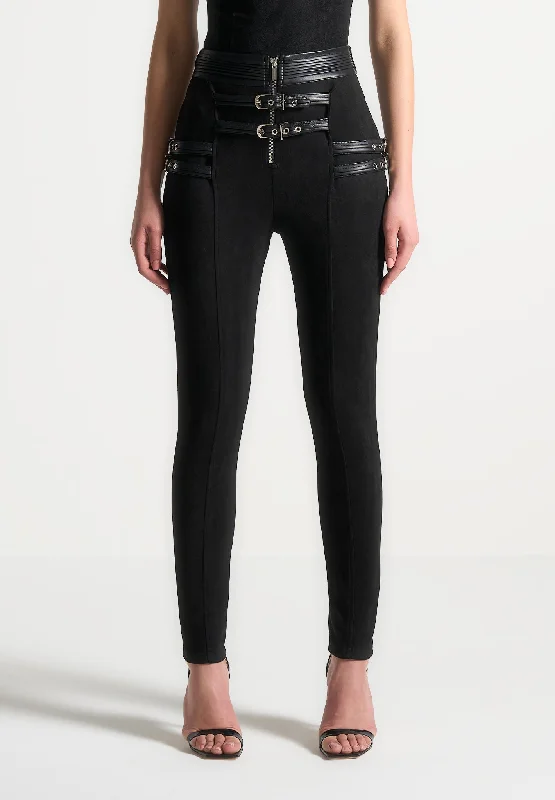 Suede Buckle Detail Leggings - Black Comfortable Full-Body Compression Leggings