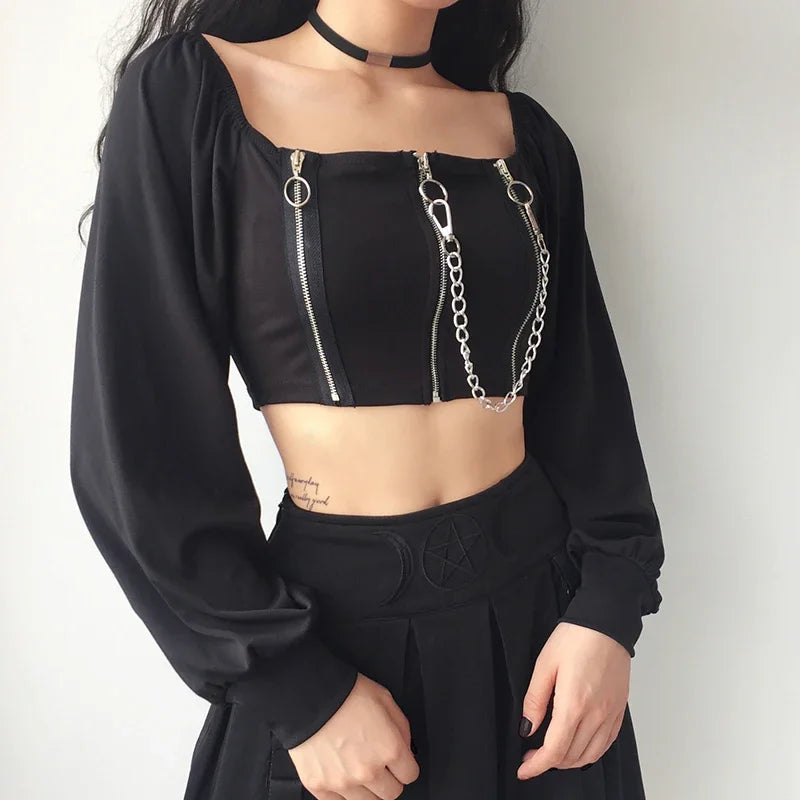 Trendy Y2K Acubi Aesthetic Zip Crop Top | Women's Sexy Off-Shoulder Long Sleeve Top Mesh Blend Leather Blend Suede Blend Trendy Y2K Acubi Aesthetic Zip Crop Top | Women's Sexy Off-Shoulder Long Sleeve Top Mesh Blend Leather Blend Suede Blend