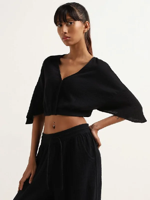 Superstar Black Cotton Crinkled Crop Top Chenille Fabric Brocade Fabric Lace Fabric