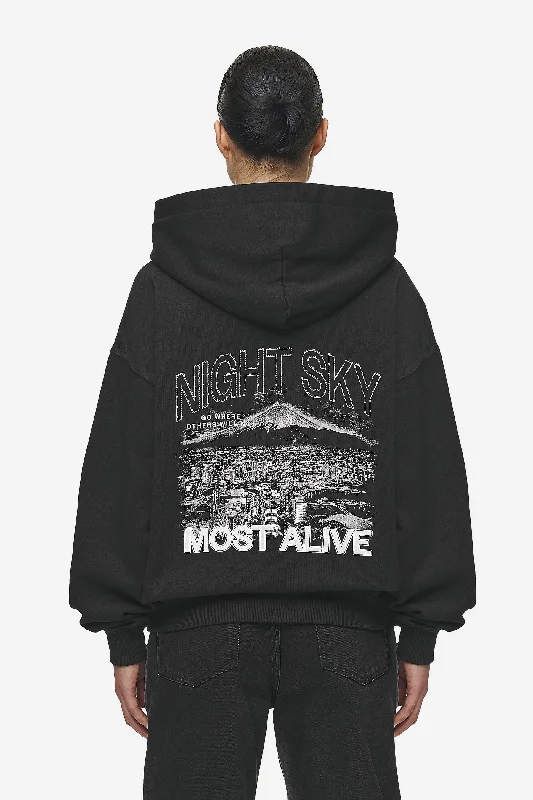 Sonia Oversized Hoodie Washed Black Hoodie with Hem Embroidery Detailed Premium