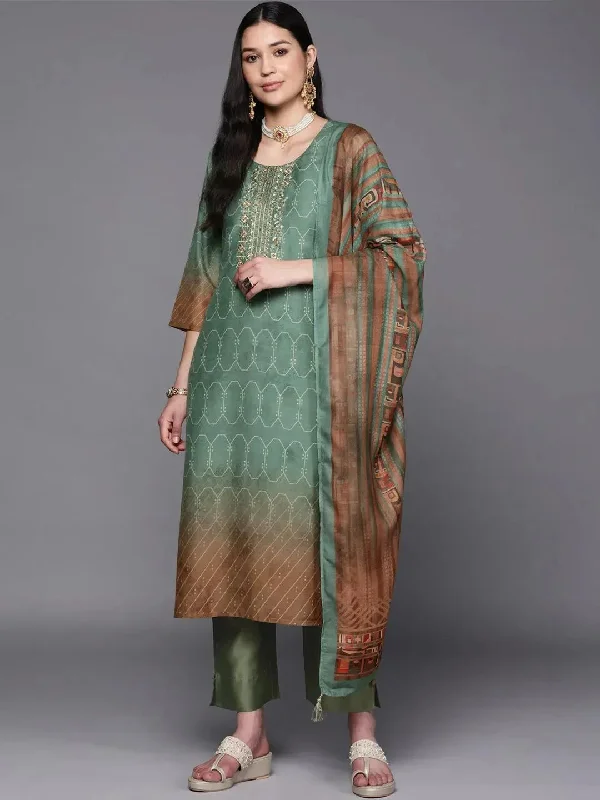 Green Yoke Design Silk Blend Straight Kurta With Trousers & Dupatta Trousers Chinos Classic