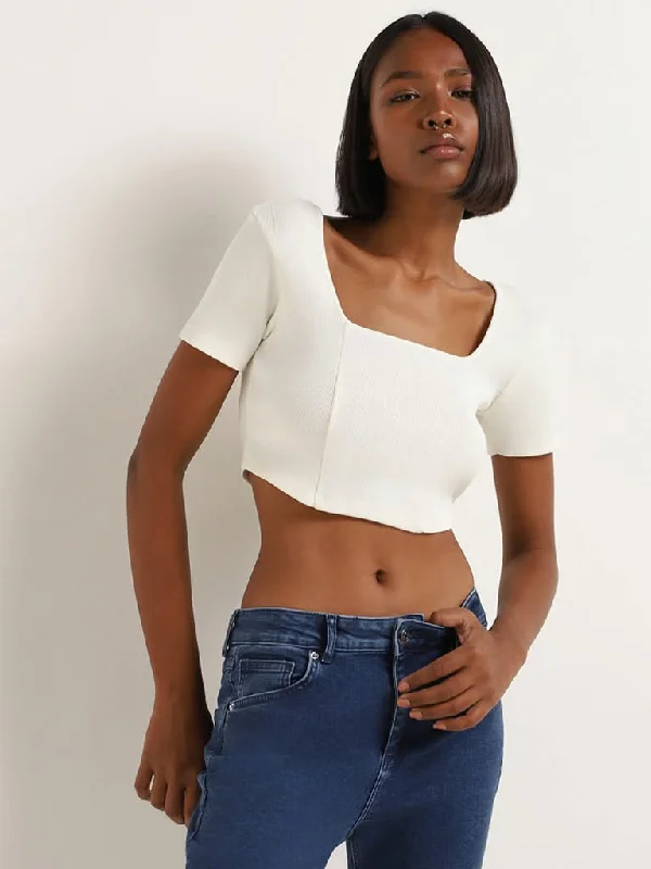 Nuon White Ribbed Crop Top Collared Crop Top Boat Neck A-Line