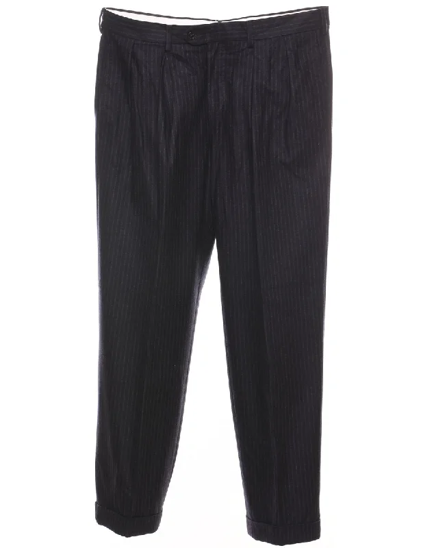 Navy Pinstriped Tapered Trousers - W34 L30 Trousers Flared Retro