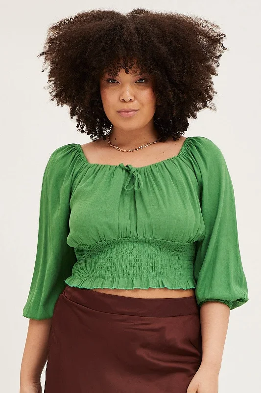 Green 3/4 Sleeve Gathered Bust Crop Top Silk Blend Satin Velvet
