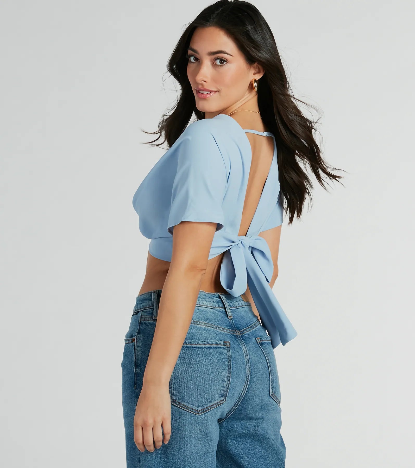 Chic Arrival V-Neck Dolman Satin Crop Top Polka Dot Checkered Tartan