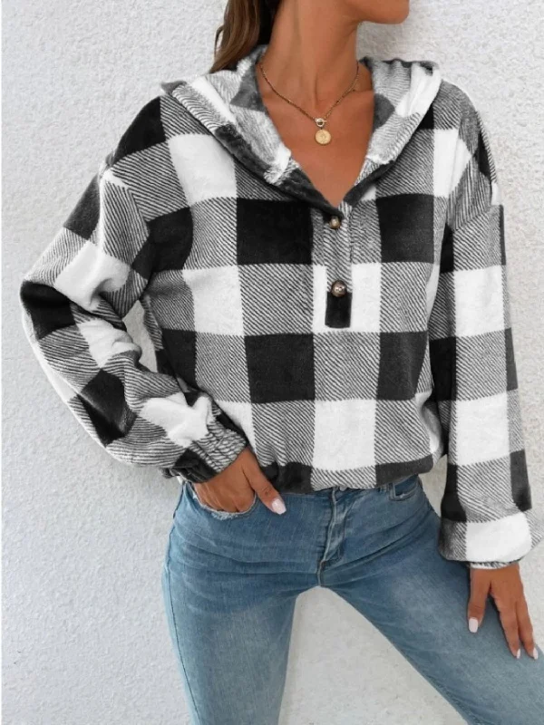 Hazel Blues® | Plaid Half Button Long Sleeve Hoodie Hoodie with Distressed Vintage Worn Hazel Blues® | Plaid Half Button Long Sleeve Hoodie Hoodie with Distressed Vintage Worn