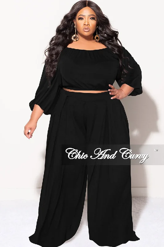 Final Sale Plus Size 2pc Puffy Sleeve Crop Top and Palazzo Pants Set in Black Rayon Fabric Velvet Fabric Corduroy Fabric Final Sale Plus Size 2pc Puffy Sleeve Crop Top and Palazzo Pants Set in Black Rayon Fabric Velvet Fabric Corduroy Fabric