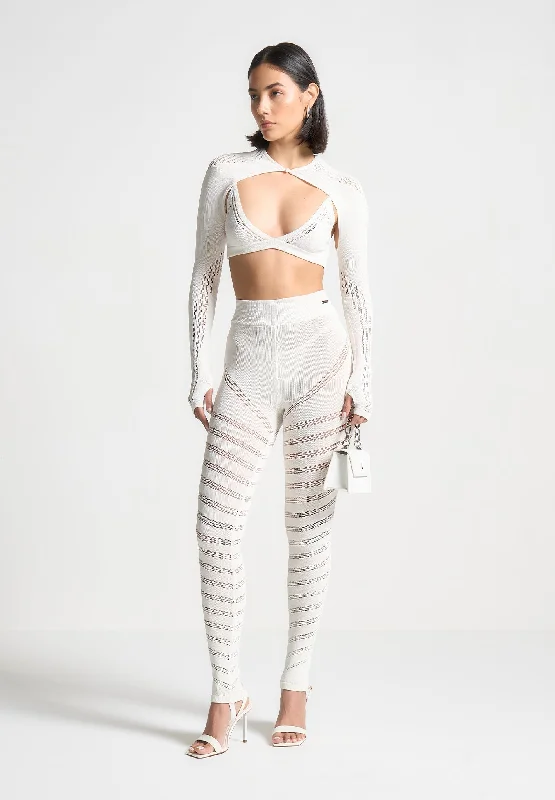 High Waisted Knitted Spiral Contour Leggings - White Stylish Sporty Performance Leggings High Waisted Knitted Spiral Contour Leggings - White Stylish Sporty Performance Leggings
