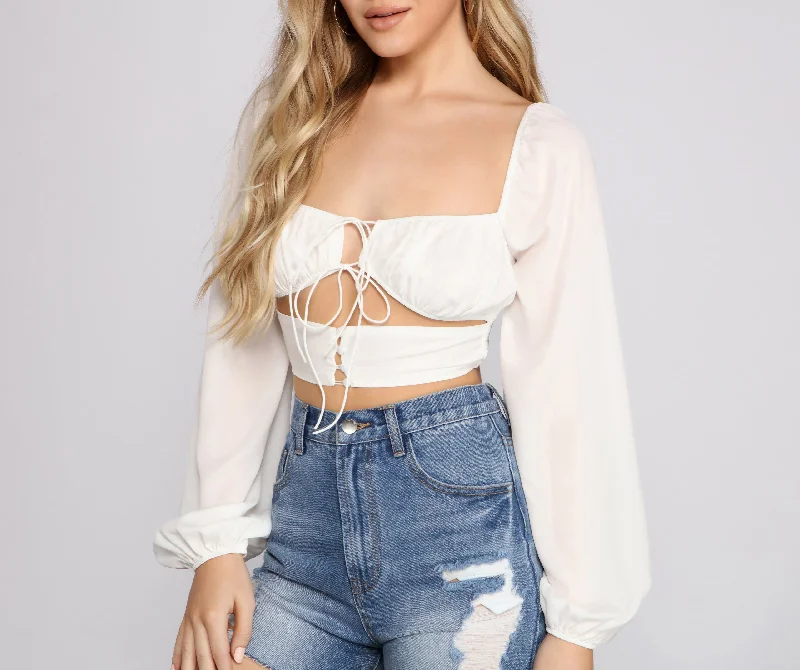 Boldly Chic Tie Front Crop Top Welt Pockets Slit Pockets Flap Pockets