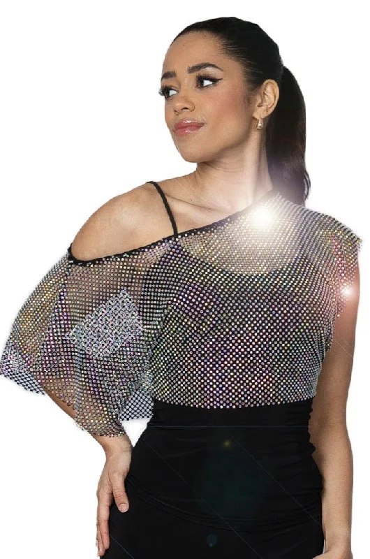 Dance America T2431 Women's Two Piece Mesh Crop Top with Rhinestones and Included Camisole in Stock Summer Crop Top Casual Short Sleeve