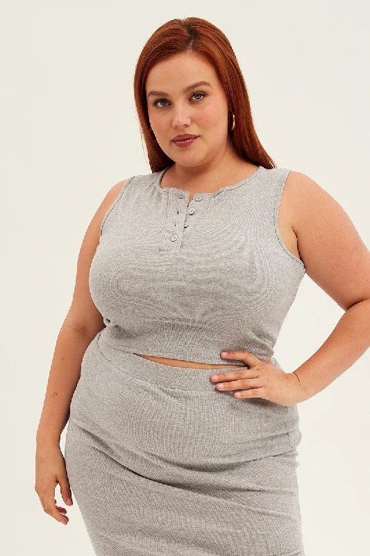 Grey Crop Top Sleeveless Button Up Rib Jersey Hooded Caped Shawl Collar