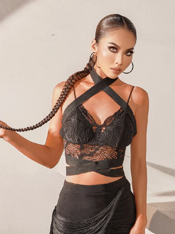ZYM Dance Style Lace Is More Top #2207 Black Lace Latin Practice Crop Top with V-Neckline and Cross Strap Detailing PRA 915 in Stock Sequined Glittery Shiny
