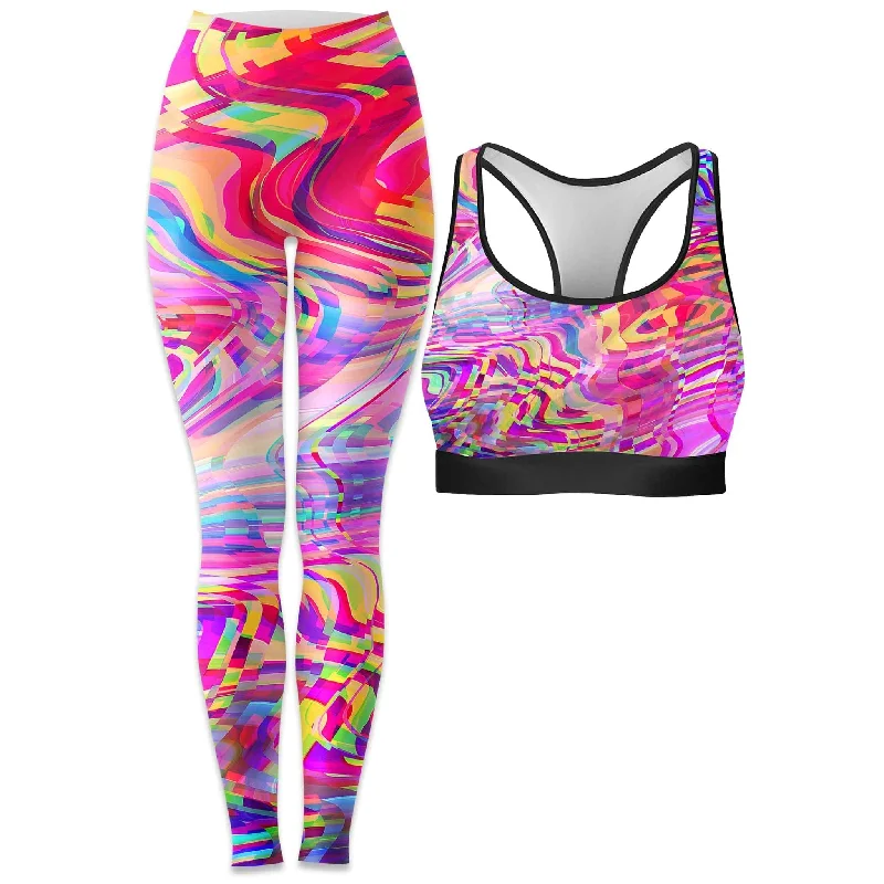 Glitch Waves Rave Bra and Leggings Combo Fashionable Sports Compression Leggings
