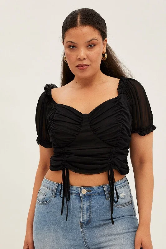 Black Crop Top Short Sleeve Mesh Ruched Mesh Fabric Canvas Fabric Denim Fabric
