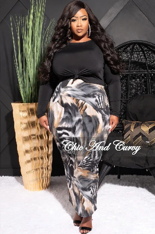 Final Sale Plus Size 2pc Long Sleeve Knotted Black Crop Top and Skirt Set in Multi Color Design Print Chenille Brocade Lace Final Sale Plus Size 2pc Long Sleeve Knotted Black Crop Top and Skirt Set in Multi Color Design Print Chenille Brocade Lace
