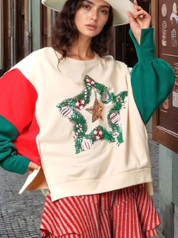 Hazel Blues® | Color Block Star Side Slit Lantern Sleeve Sweatshirt Hoodie with Raglan Sleeves Sporty Comfortable Hazel Blues® | Color Block Star Side Slit Lantern Sleeve Sweatshirt Hoodie with Raglan Sleeves Sporty Comfortable