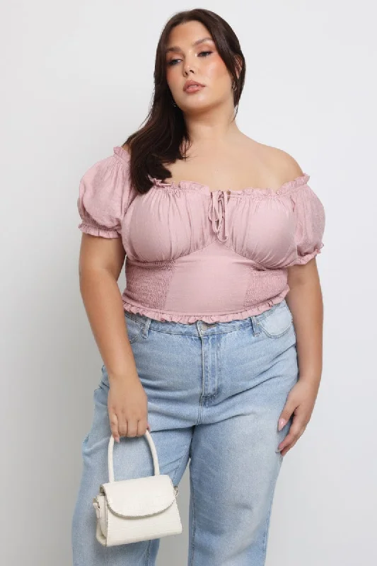 Pink Crop Top Short Sleeve Ruched Bust Shirred Waist Chenille Blend Fleece Blend Nylon Blend Pink Crop Top Short Sleeve Ruched Bust Shirred Waist Chenille Blend Fleece Blend Nylon Blend