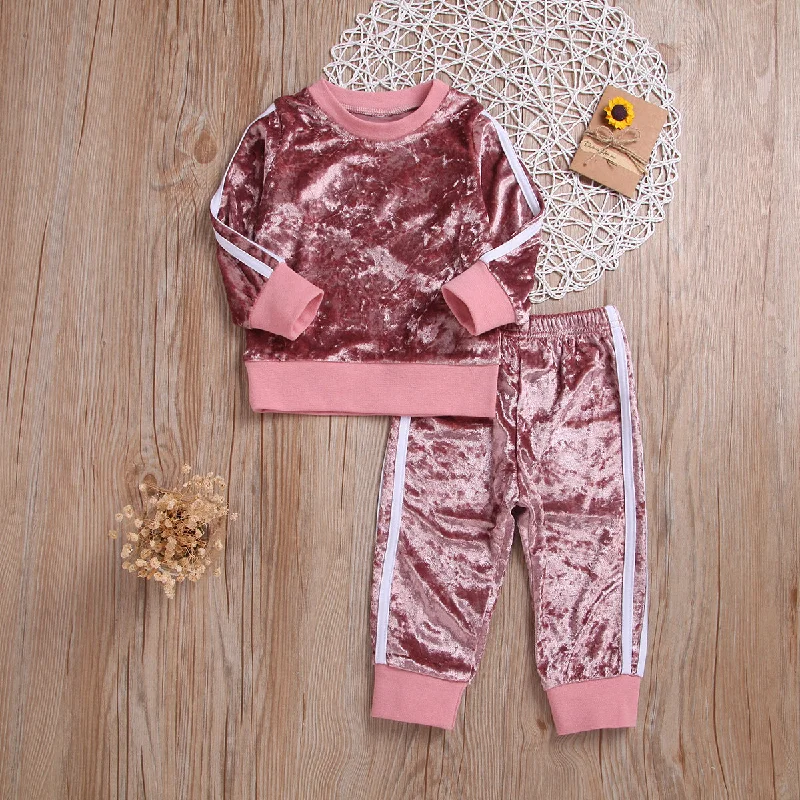 Breathable Clothes Set Cute Fashion O-Neck Long Sleeve Gold Velvet Sweatshirt Trousers Soft Outfits Baby Girls Tracksuit Sets Trousers Chinos Classic