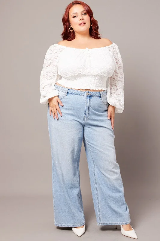 White Crop Top Long Sleeve Ruched Lace Notch Collar Peter Pan Collar Cowl Neck