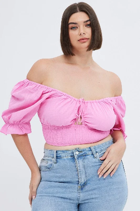 Pink Crop Top Short Sleeve Gathered Bust Mesh Fabric Canvas Fabric Denim Fabric