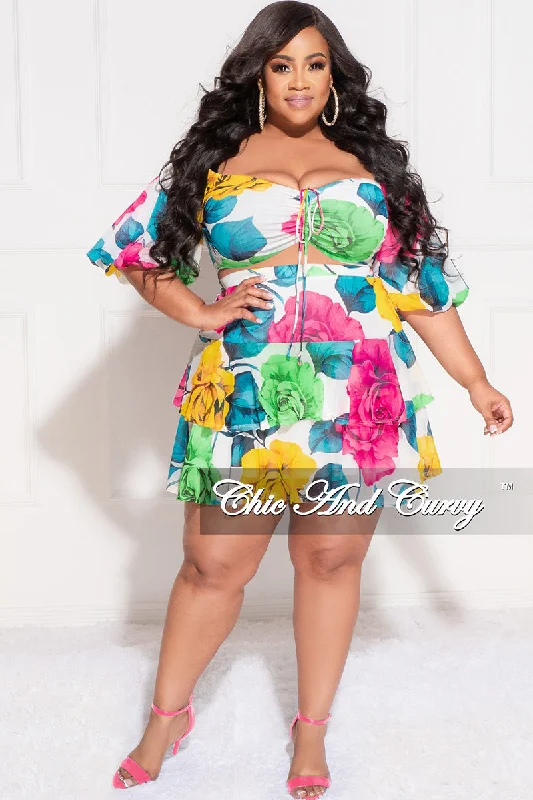 Final Sale Plus Size 2pc Drawstring Ruched Crop Top and Ruffle Skirt Set in White Multi Color Rose Print Faux Fur Fabric Real Fur Fabric Shearling Fabric Final Sale Plus Size 2pc Drawstring Ruched Crop Top and Ruffle Skirt Set in White Multi Color Rose Print Faux Fur Fabric Real Fur Fabric Shearling Fabric
