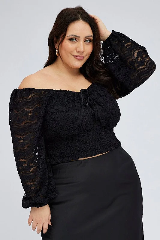 Black Crop Top Long Sleeve Lace Anti-Pilling Machine Wash Handmade