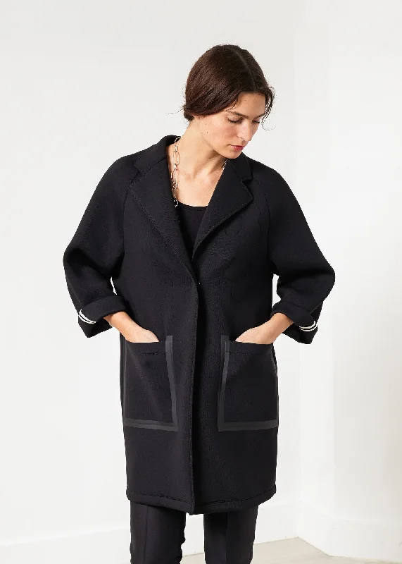 Neoprene Flower Coat in Black Denim Leather Suede