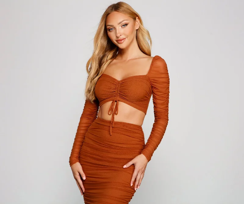 Moment For Mesh Ruched Crop Top Print Jacquard Patchwork