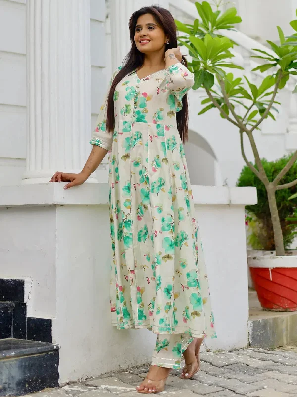 Off white Printed Silk Blend Anarkali Kurta With Trousers Trousers Elastic Waist Soft Off white Printed Silk Blend Anarkali Kurta With Trousers Trousers Elastic Waist Soft