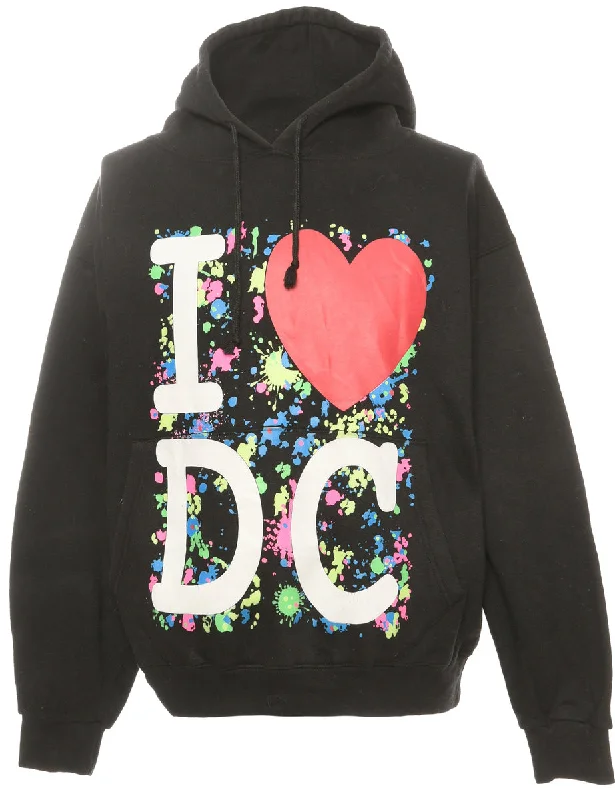 Black Printed Hoodie - L Hoodie with Set-In Sleeves Structured Classic