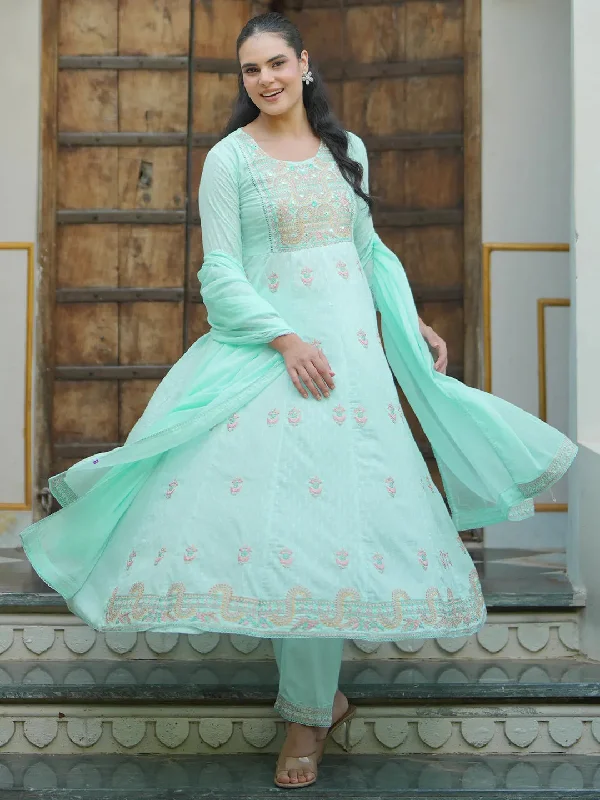 Blue Embroidered Cotton A-line Kurta With Trousers & Dupatta Trousers Flared Retro