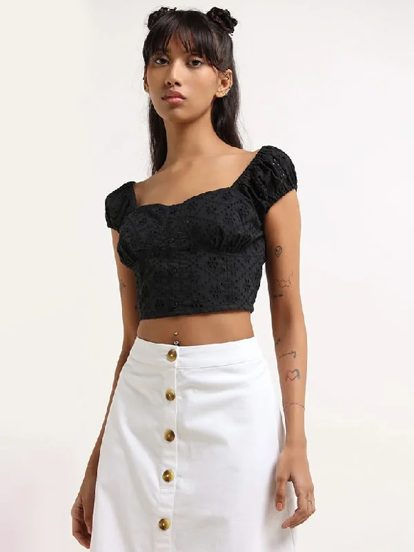 Bombay Paisley Black Cotton Schiffli Crop Top Thin Crop Top Open Front Quick Dry