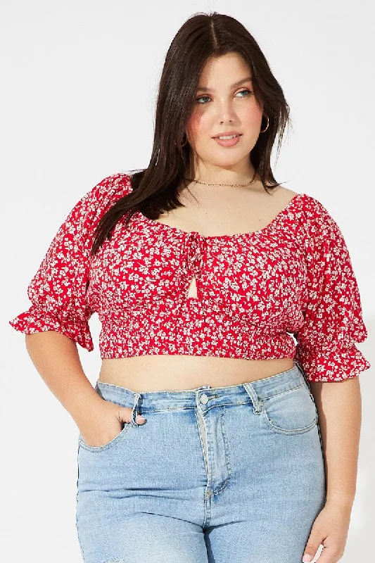 Red Ditsy Crop Top Short Sleeve Cut Out Mesh Canvas Denim