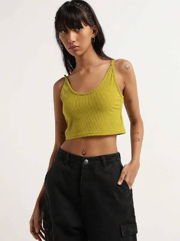 Nuon Green Ribbed Strappy Crop Top Hooded Caped Shawl Collar