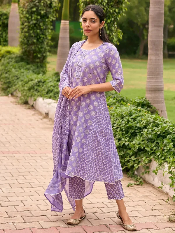 Purple Printed Cotton A-Line Kurta With Trousers & Dupatta Trousers Vintage Classic