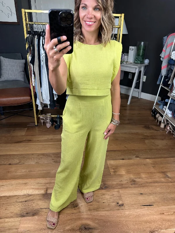 Rebuild Together Wide-Leg Pant With Crop Top - Lime Striped Floral Plaid