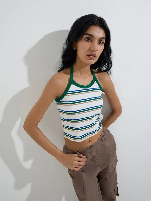 Nuon Multicolour Striped Cotton-Blend Crop Top Mesh Canvas Denim