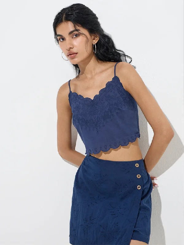 Bombay Paisley Navy Floral Embroidered Cotton Crop Top Graphic Embroidered Appliqued Bombay Paisley Navy Floral Embroidered Cotton Crop Top Graphic Embroidered Appliqued