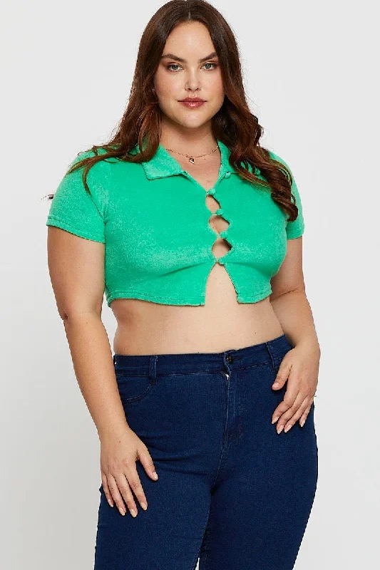 Green Crop Top Terry Short Sleeve Button Front Collared Crop Top Boat Neck A-Line