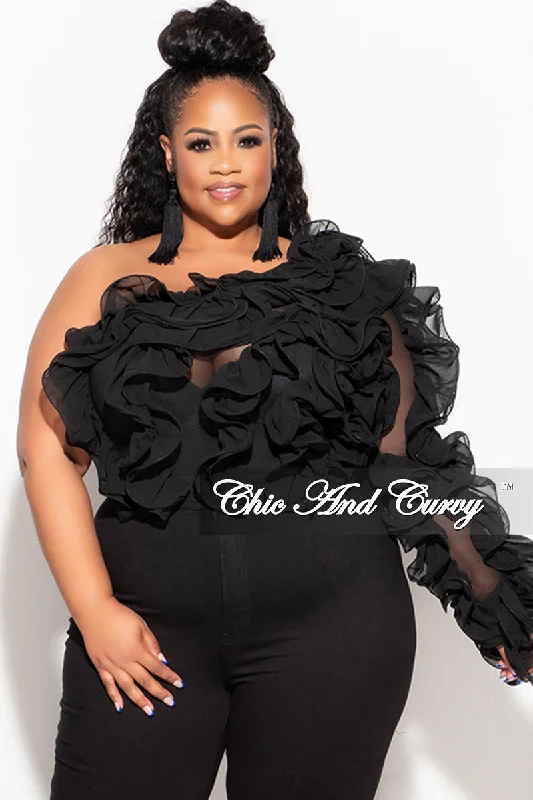 Final Sale Plus Size Ruffled One Shoulder Crop Top Black Fashionable Trendy Casual