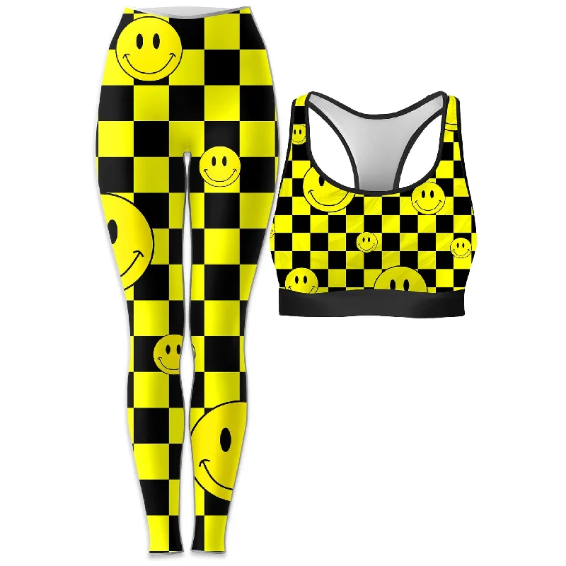 Smile Checkerboard Rave Bra and Leggings Combo Comfortable Ribbed Sports Leggings