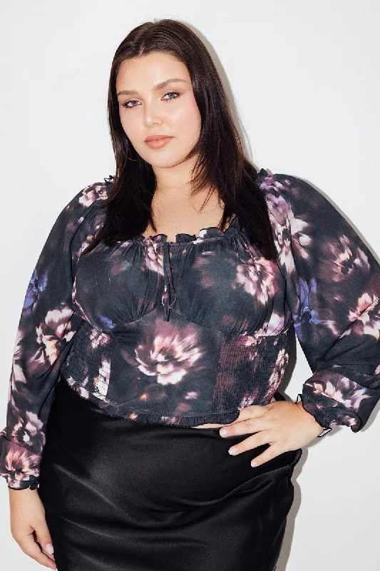 Black Floral Crop Top Long Sleeve Shirred Waist Zippered Buttoned Snapped