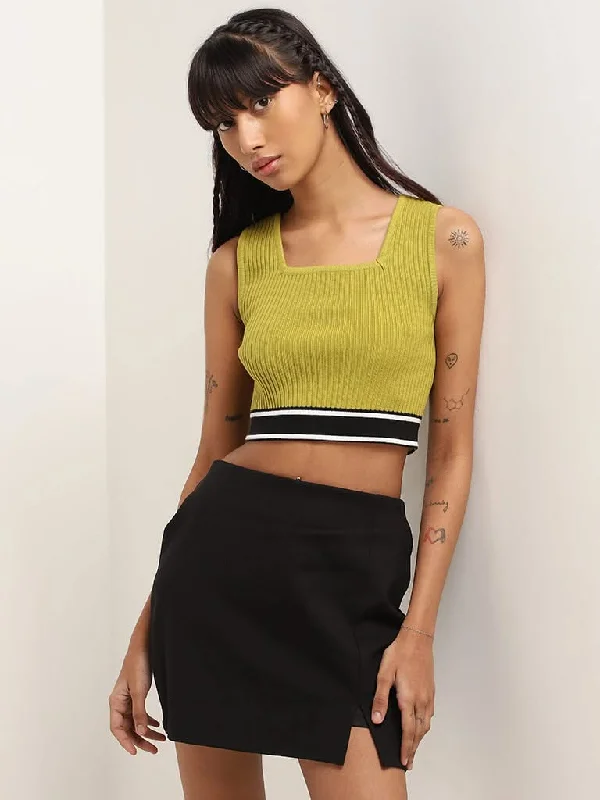 Nuon Green Ribbed Cotton Blend Crop Top Iron Safe Non-Iron Wrinkle Free