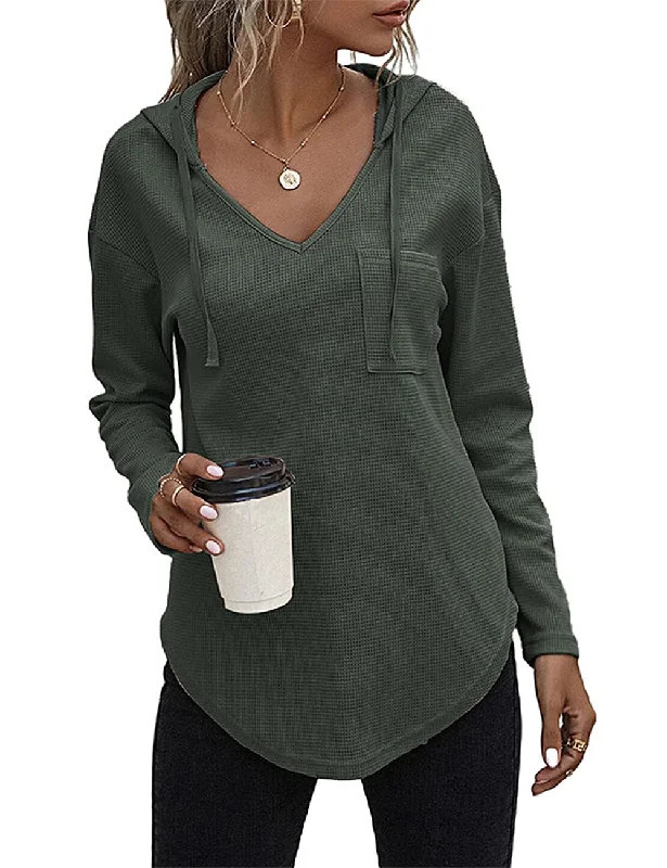 morhuduck Women's V Neck Hoodies Long Sleeve Sweatshirt Drawstring Pullover Tops with Pocket, Army Green Over Sleeve Pullover