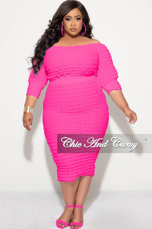 Final Sale Plus Size Bubble Texture 2pc Set Off the Shoulder Crop Top and High Waist Skirt in Fuchsia Knit Fabric Woven Fabric Fleece Fabric