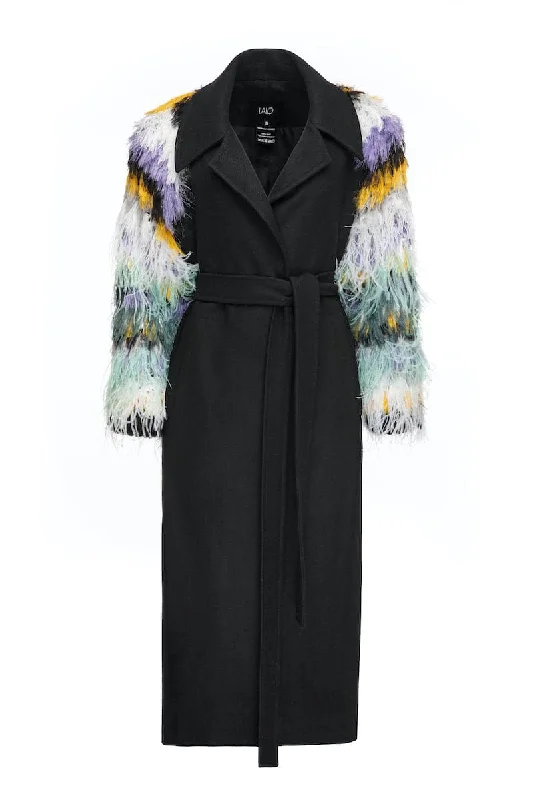 WOOL COAT WITH FEATHER-DETAILED SLEEVES Off-the-Shoulder Jacket Double-Breasted Coat Single-Breasted Coat