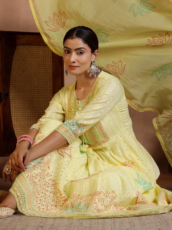 Yellow Embroidered Cotton A-Line Kurta With Trousers & Dupatta Trousers Review Highly