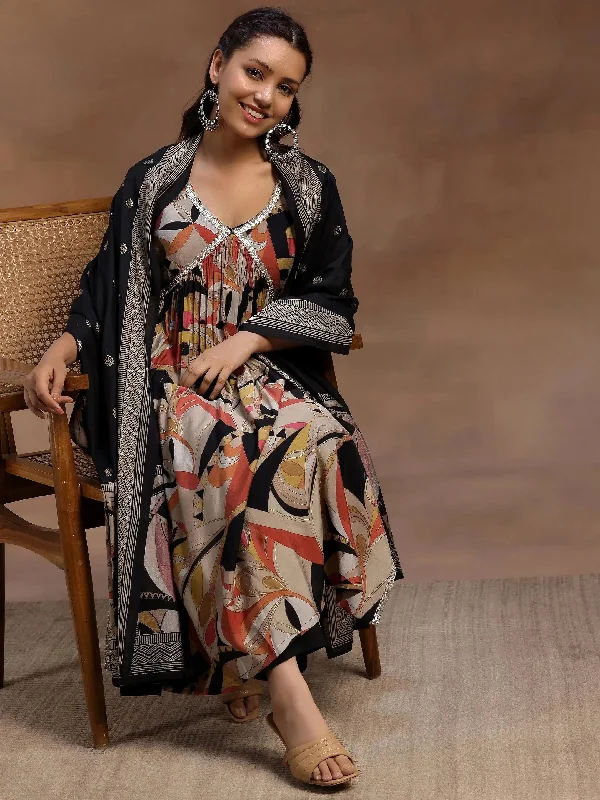 Black Printed Silk Blend A-Line Kurta With Trousers & Dupatta Trousers Denim Distressed