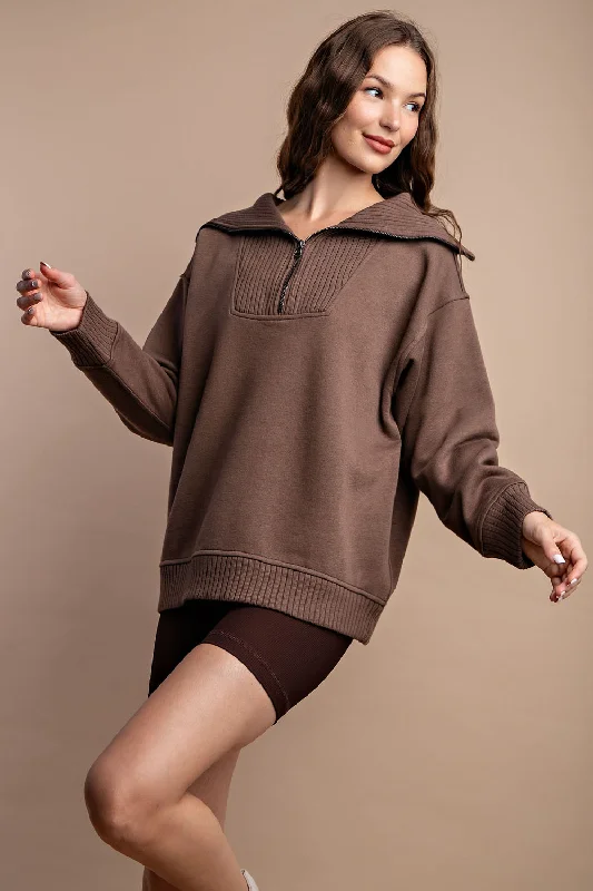 Fleece French Terry Mock Neck 1/4 Zip Pullover- Coffee Short Sleeve Top
